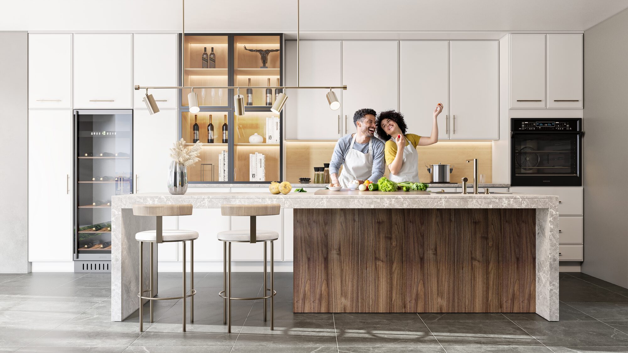Modern luxury kitchen with white shaker cabinets and a walnut island